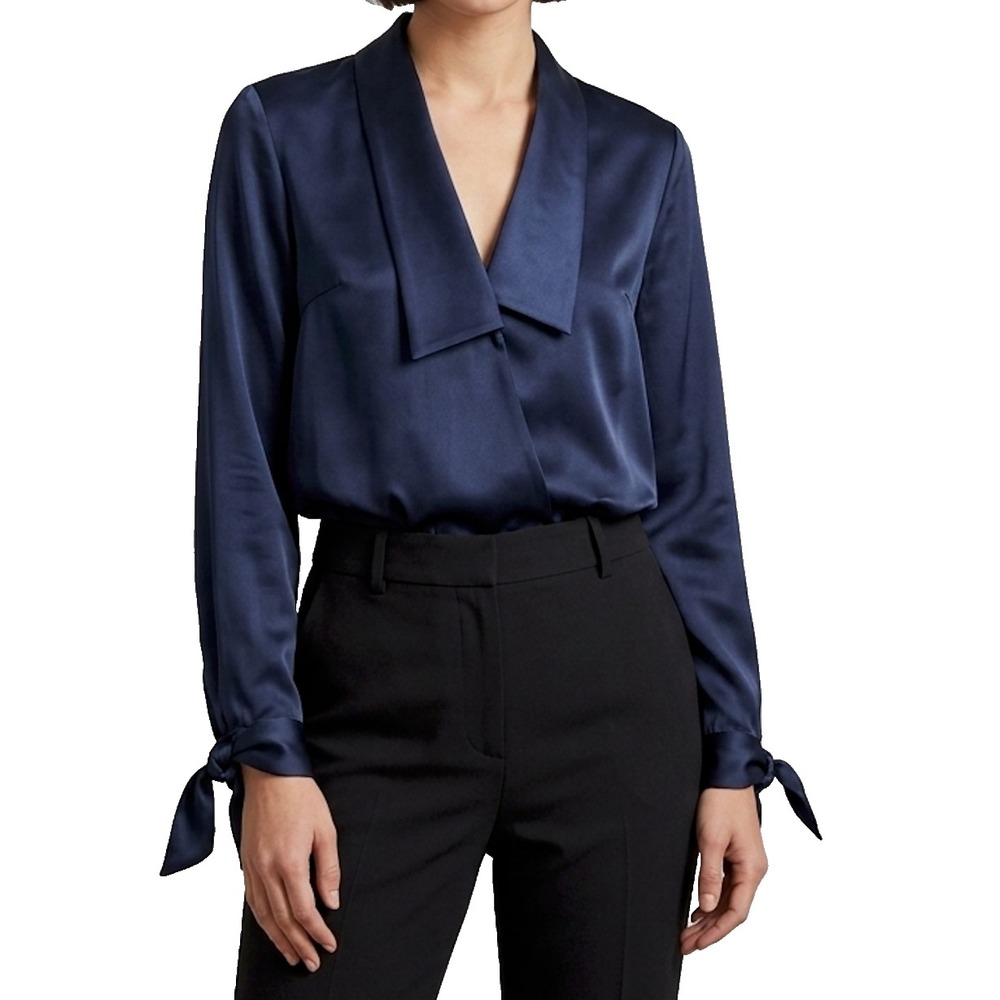 Zac Posen Navy Shawl Collar Deep V-Neck Top 8 Quiet Luxury Evening Dressy Satin